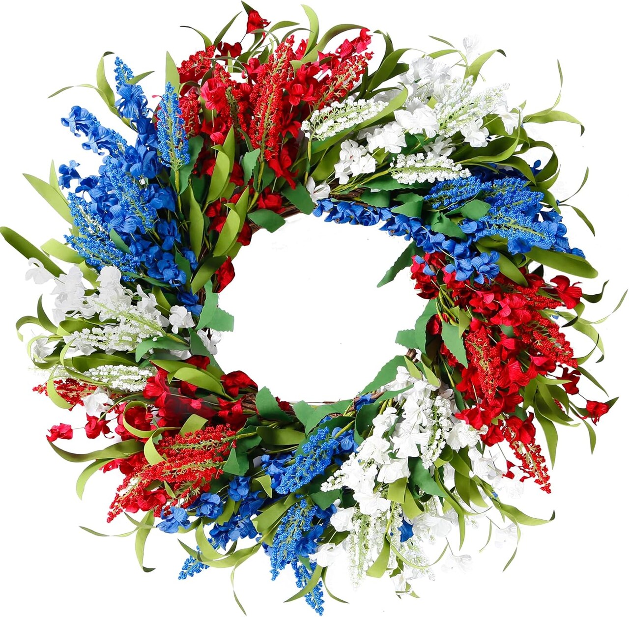 21Inch 4th of July Patriotic Day Wreath with Artificial Floral Red Blue White Lavender Flower Wreath Patriotic Decorations for Front Door Memorial Day Independence Day Veterans Day